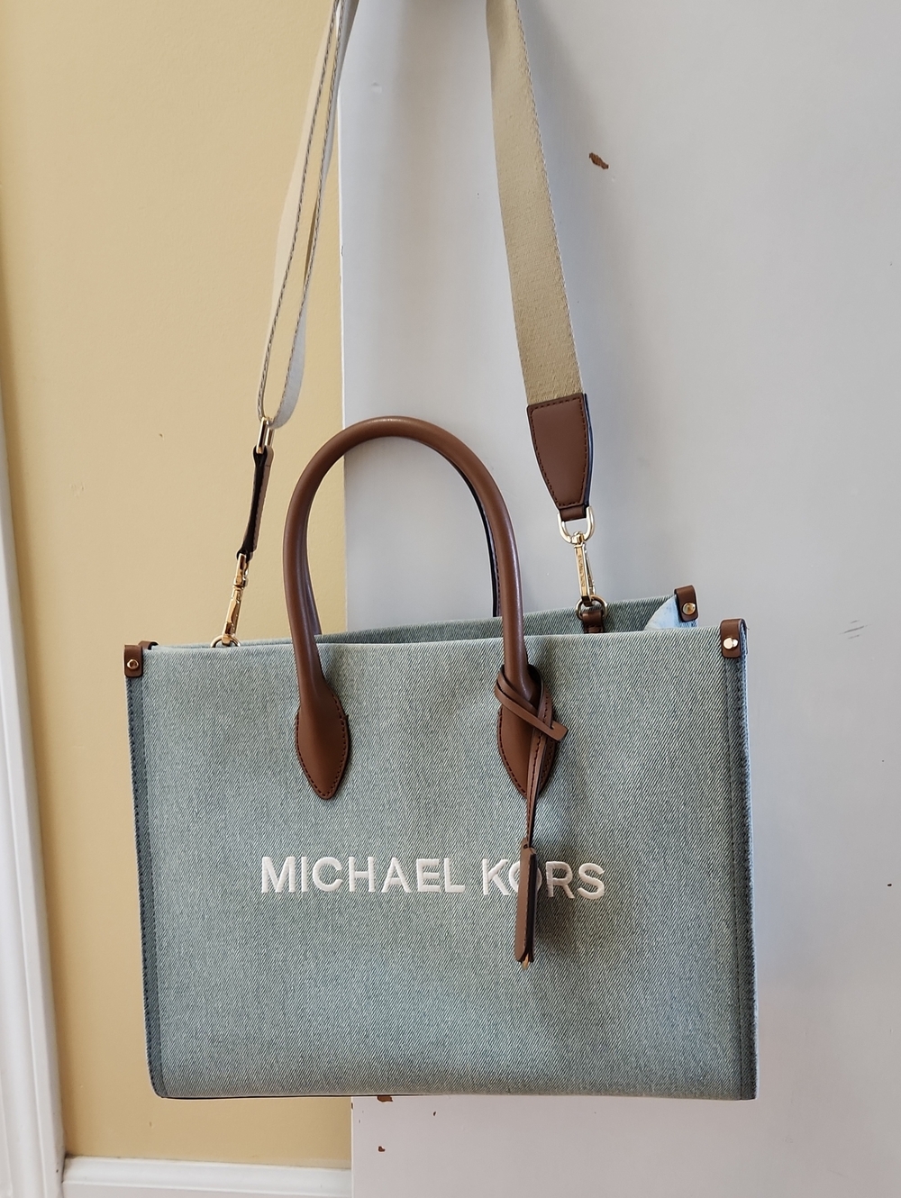 Michael Kors Light Blue Denim Tote with Brown Trim and Strap